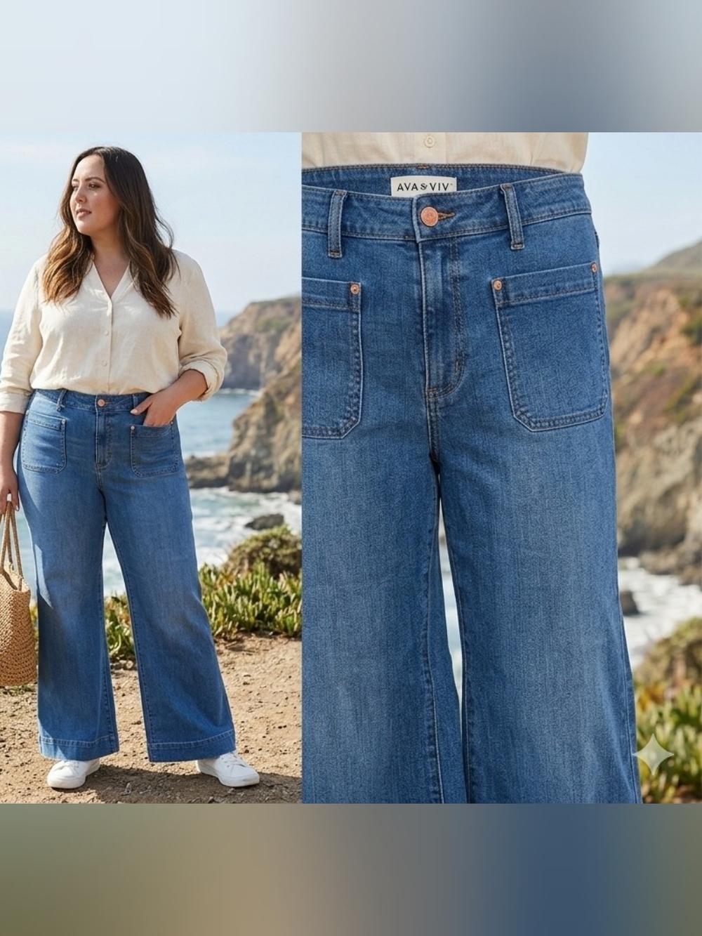 Ava & Viv High Rise Patch Pocket Flare Jeans Medium Wash Plus Size 20